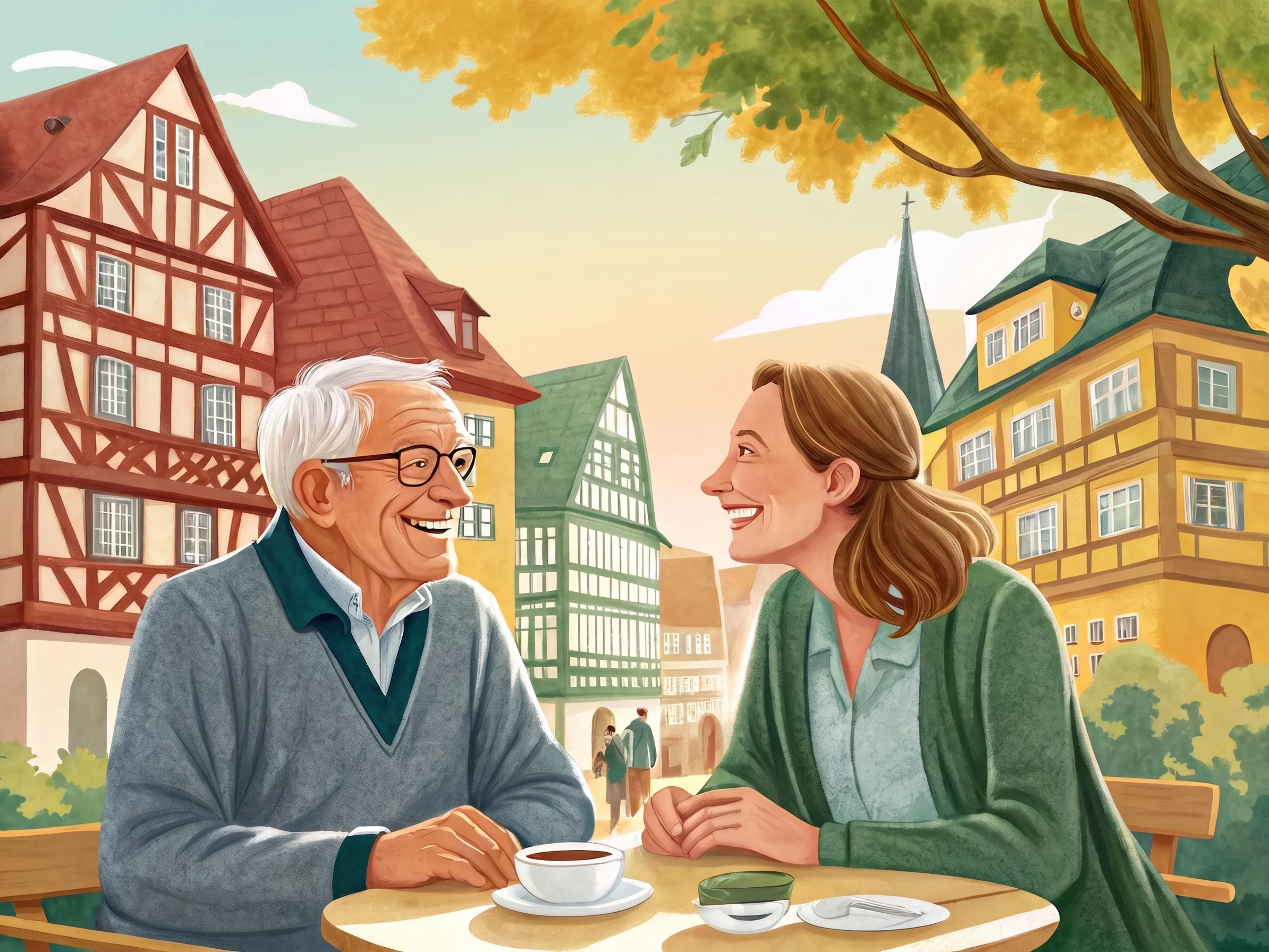 Illustration: Senior und Betreuungskraft sitzen lachend bei Kaffee und Kuchen in einem Straßencafé