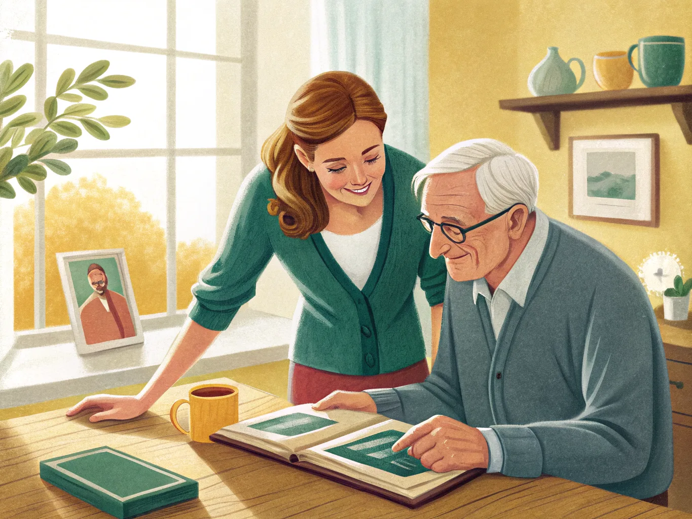 Illustration: Betreuungskraft schaut mit einem Senior gemeinsam ein Fotoalbum am Küchentisch an