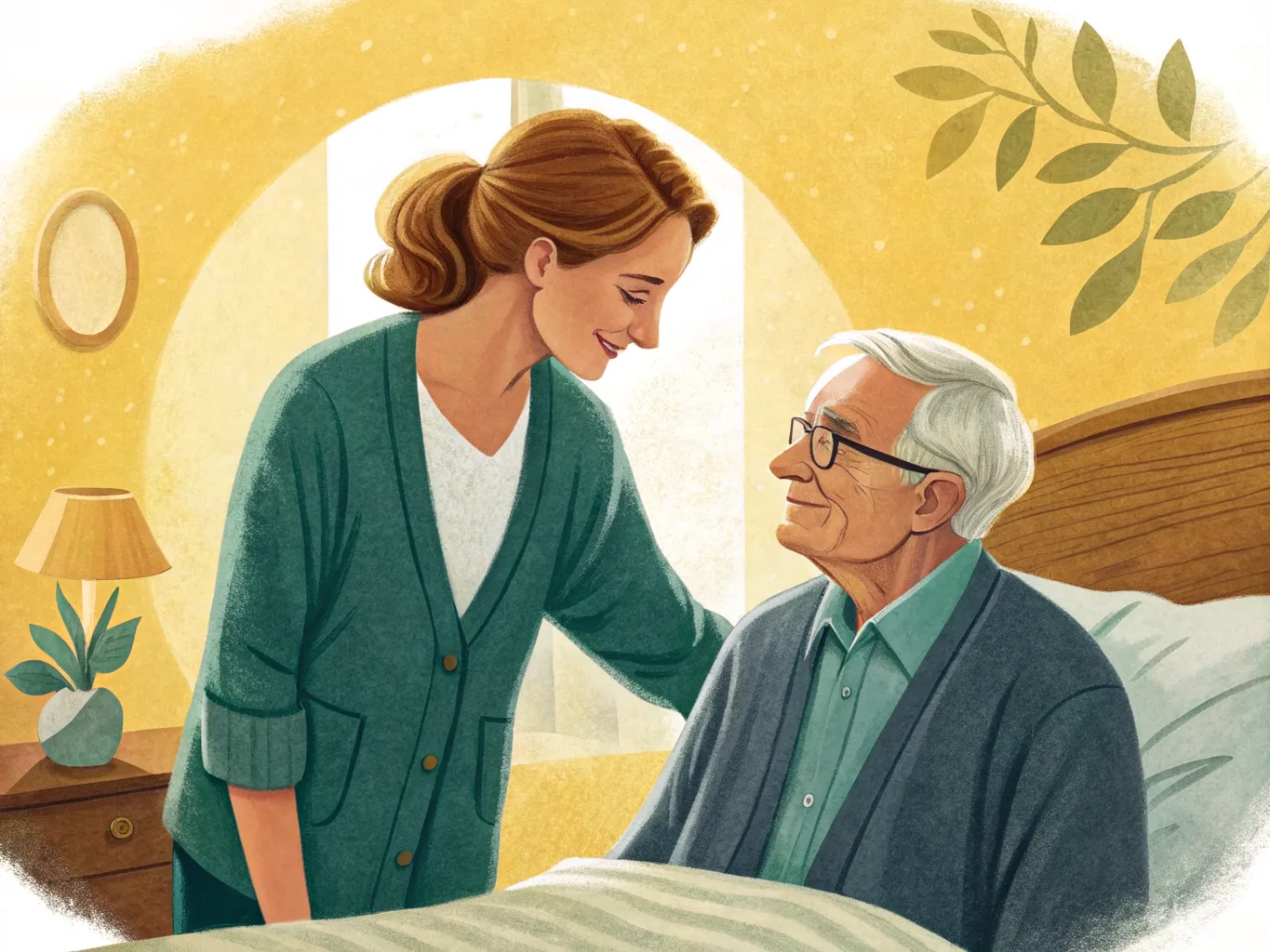 Illustration: Betreuungskraft hilft einem älteren Herrn beim Zuknöpfen seiner Strickjacke am Morgen