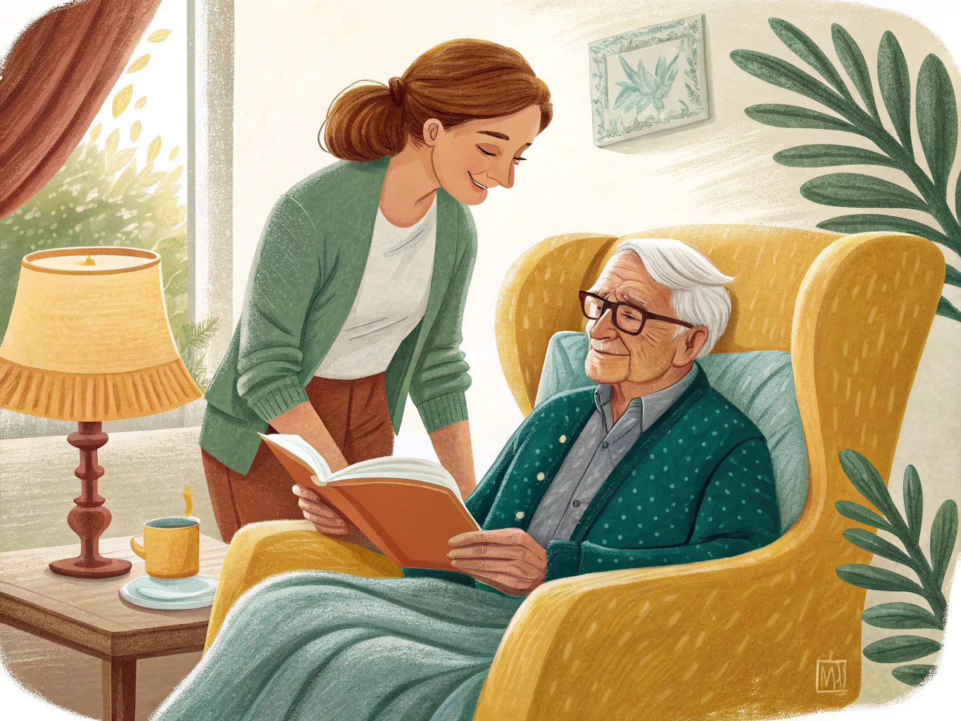 Illustration: Betreuungskraft richtet einem Senior im Ohrensessel das Kissen zurecht
