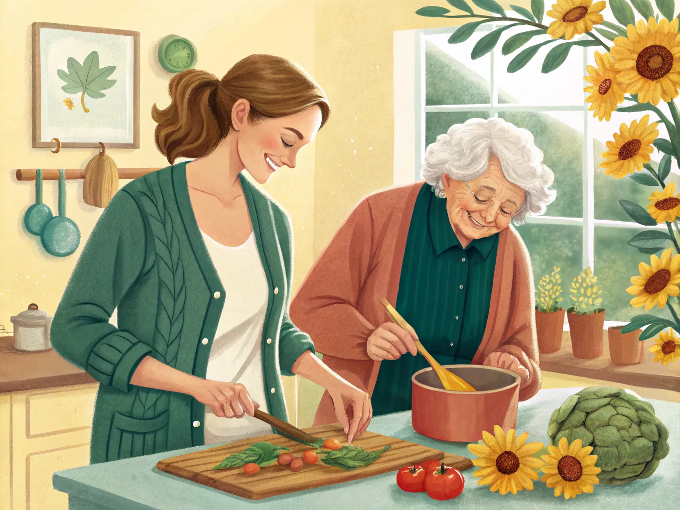 Illustration: Betreuungskraft und Seniorin kochen gemeinsam in einer hellen Küche