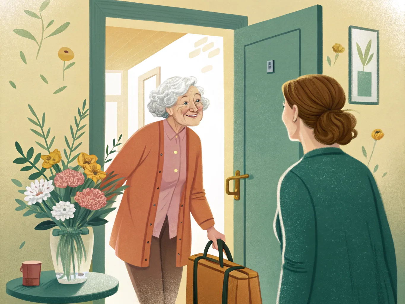 Illustration: Seniorin kommt nach dem Klinikaufenthalt nach Hause und wird von der Betreuungskraft empfangen