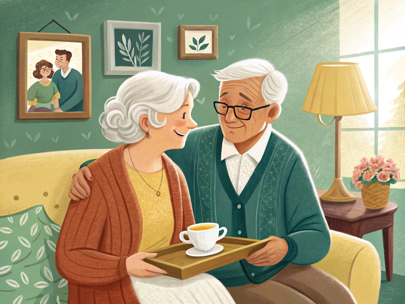 Illustration: Älteres Ehepaar sitzt eng zusammen auf dem Sofa, ein Tablett mit Teetassen auf dem Schoß