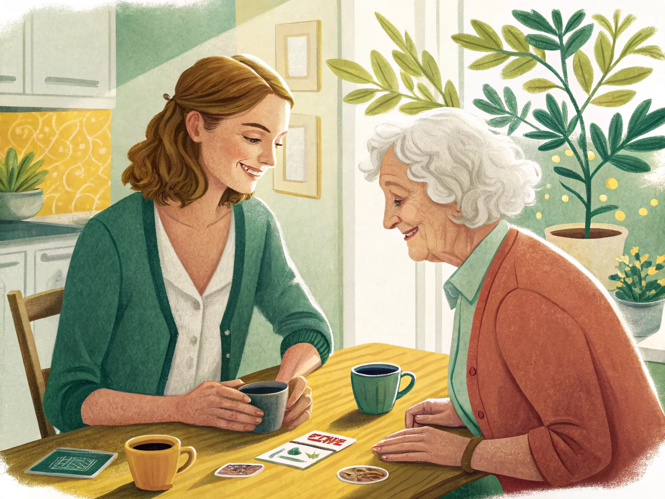 Illustration: Betreuungskraft und Seniorin trinken Kaffee und spielen Karten am Küchentisch
