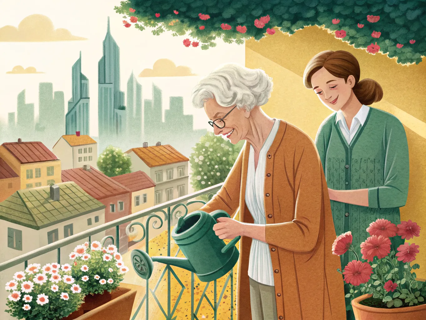 Illustration: Seniorin gießt Blumen auf ihrem Balkon, Betreuungskraft steht lächelnd daneben