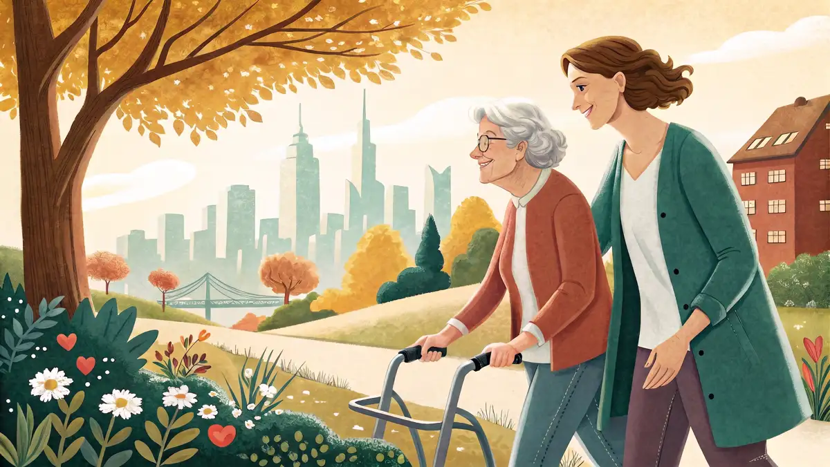 Illustration: Betreuungskraft und Seniorin mit Rollator in einem Garten mit Frankfurter Skyline