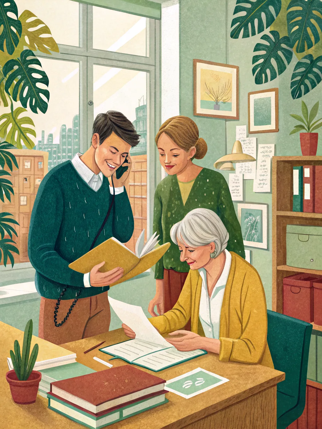 Illustration: Das Team von 24 Stunden Pflege Frankfurt bei der Arbeit im Büro